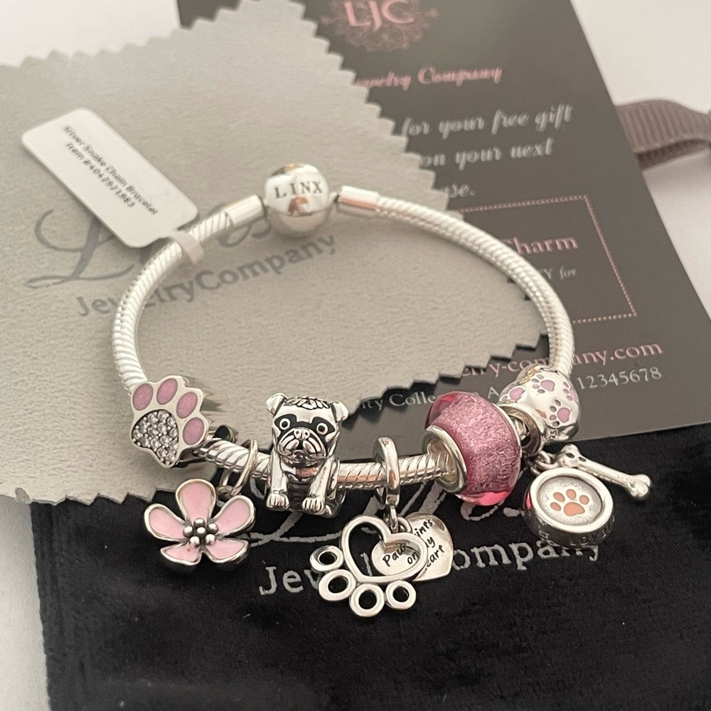 Linx Snake Chain Bracelet with Pink Pug Themed Charms 925 sterling silver